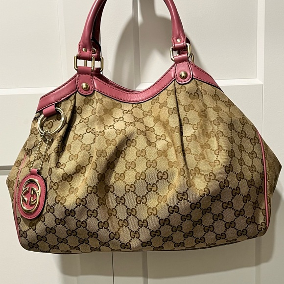 GUCCI SUKEY LOVED AUTHENTIC MEDIUM ROSE/BEIGE/BROWN CANVAS TOTE & LEATHER BAG - Picture 1 of 17